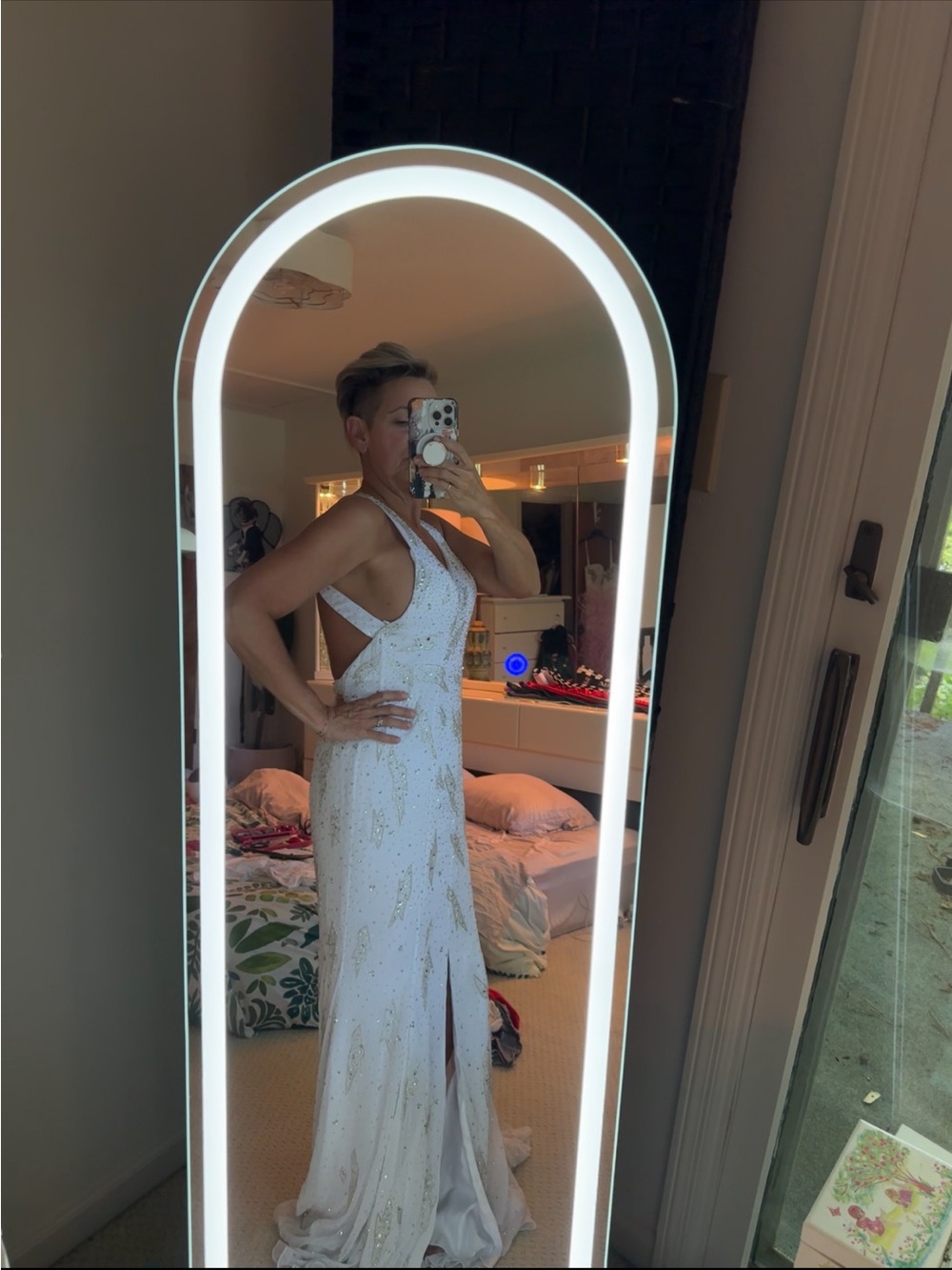 White Beaded Open-Back Prom Gown